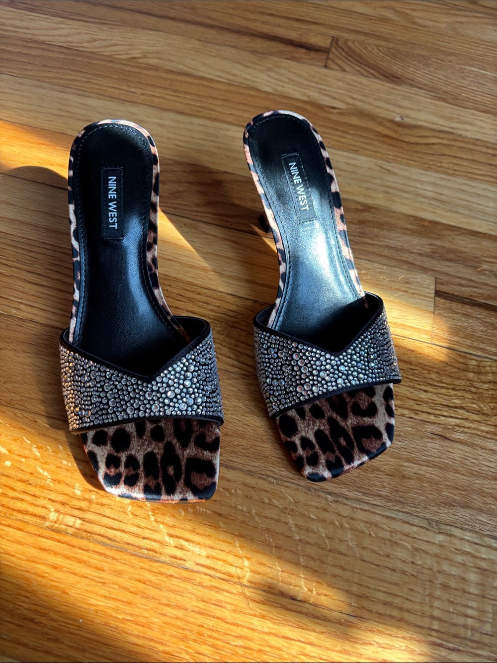 Nine West Leopard-Print Slide Mules with Crystal Strap - Black/Brown